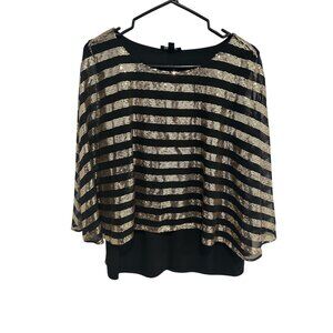 Prelude Striped Mesh Sequin Top Black Gold Sz Large Sparkle Party Night Out